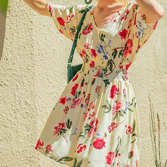 Hibiscus Print Dress with Smocked Waist