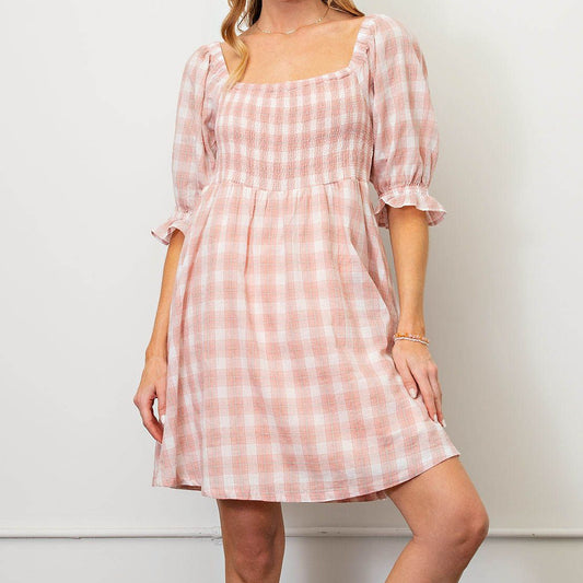 Blush Pink Plaid Dress with Bubble Sleeves