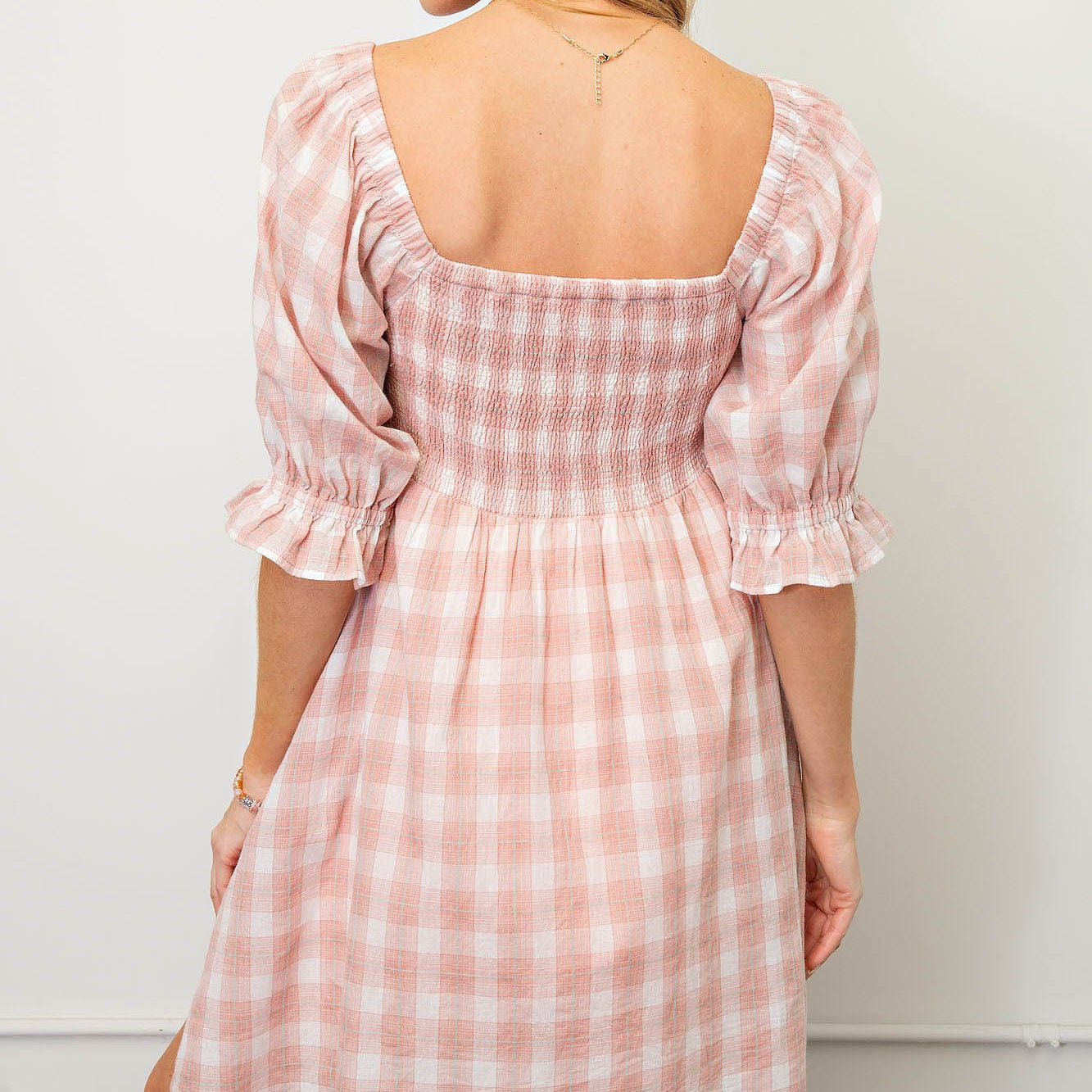 Blush Pink Plaid Dress with Bubble Sleeves