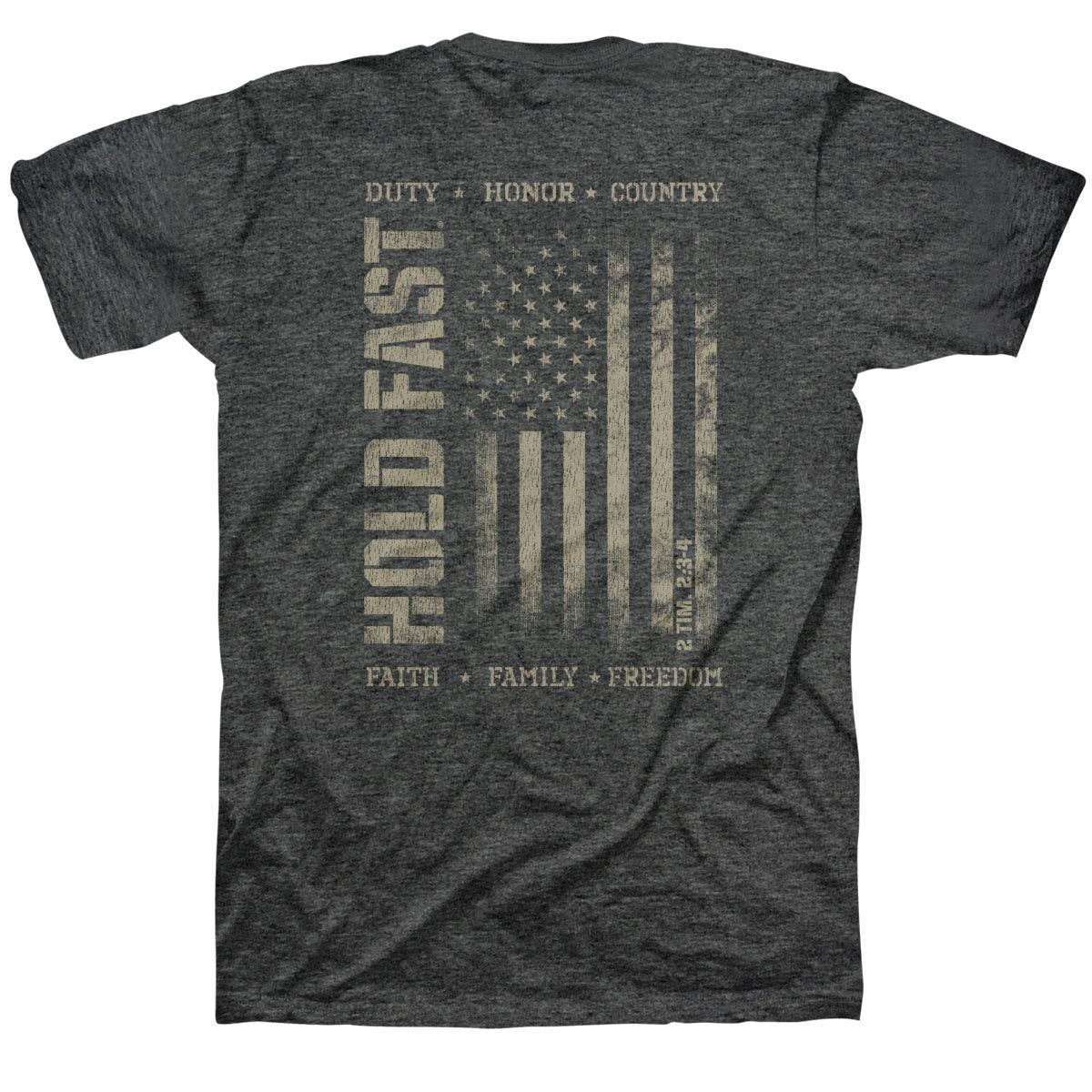 Dark gray t-shirt with American flag design and text on a white background