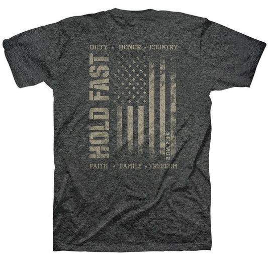 Dark gray t-shirt with American flag design and text on a white background