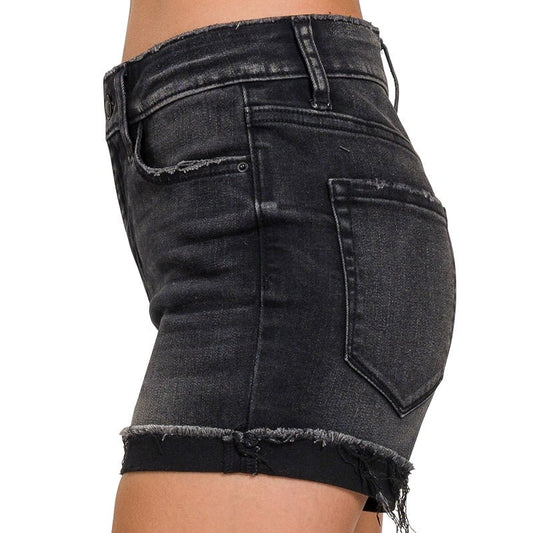 Black Distressed Cuffed Raw Hem Denim Shorts - Colbert Clothing