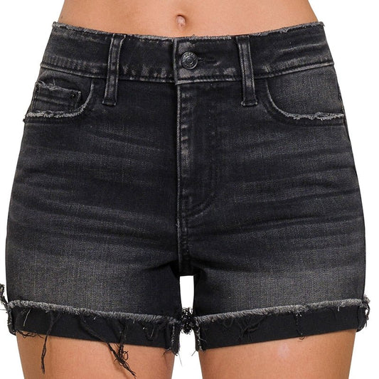 Black Distressed Cuffed Raw Hem Denim Shorts - Colbert Clothing