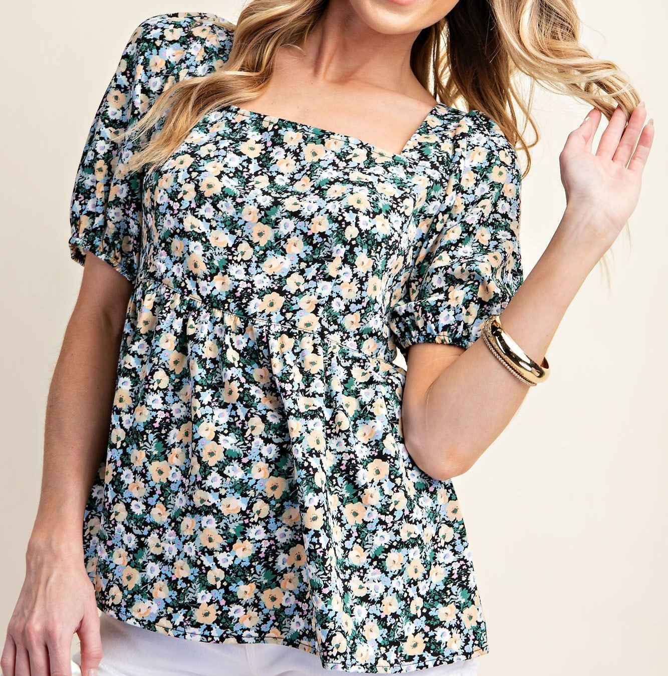 Posy Print Puff Sleeve Blouse in Green
