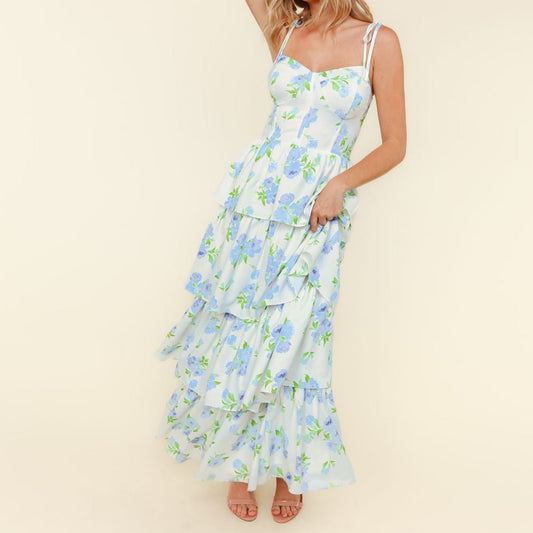 Blue & White Floral Bustier Tiered Maxi Dress - Colbert Clothing