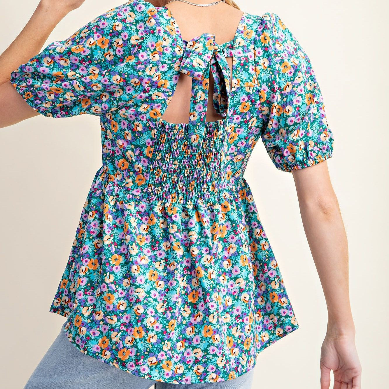 Posy Print Puff Sleeve Blouse in Blue