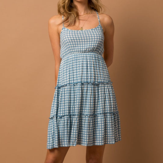 Picnic in the Park Gingham Strappy Dress in Blue