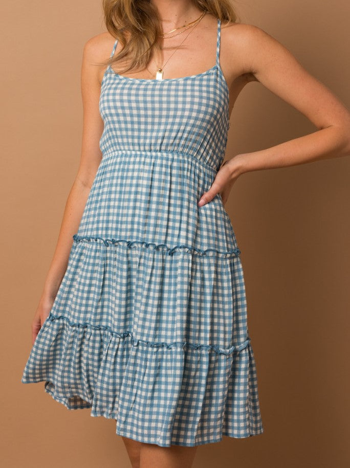 Picnic in the Park Gingham Strappy Dress in Blue
