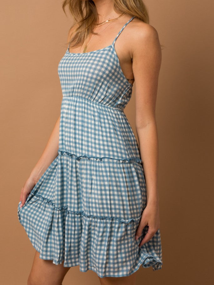 Picnic in the Park Gingham Strappy Dress in Blue