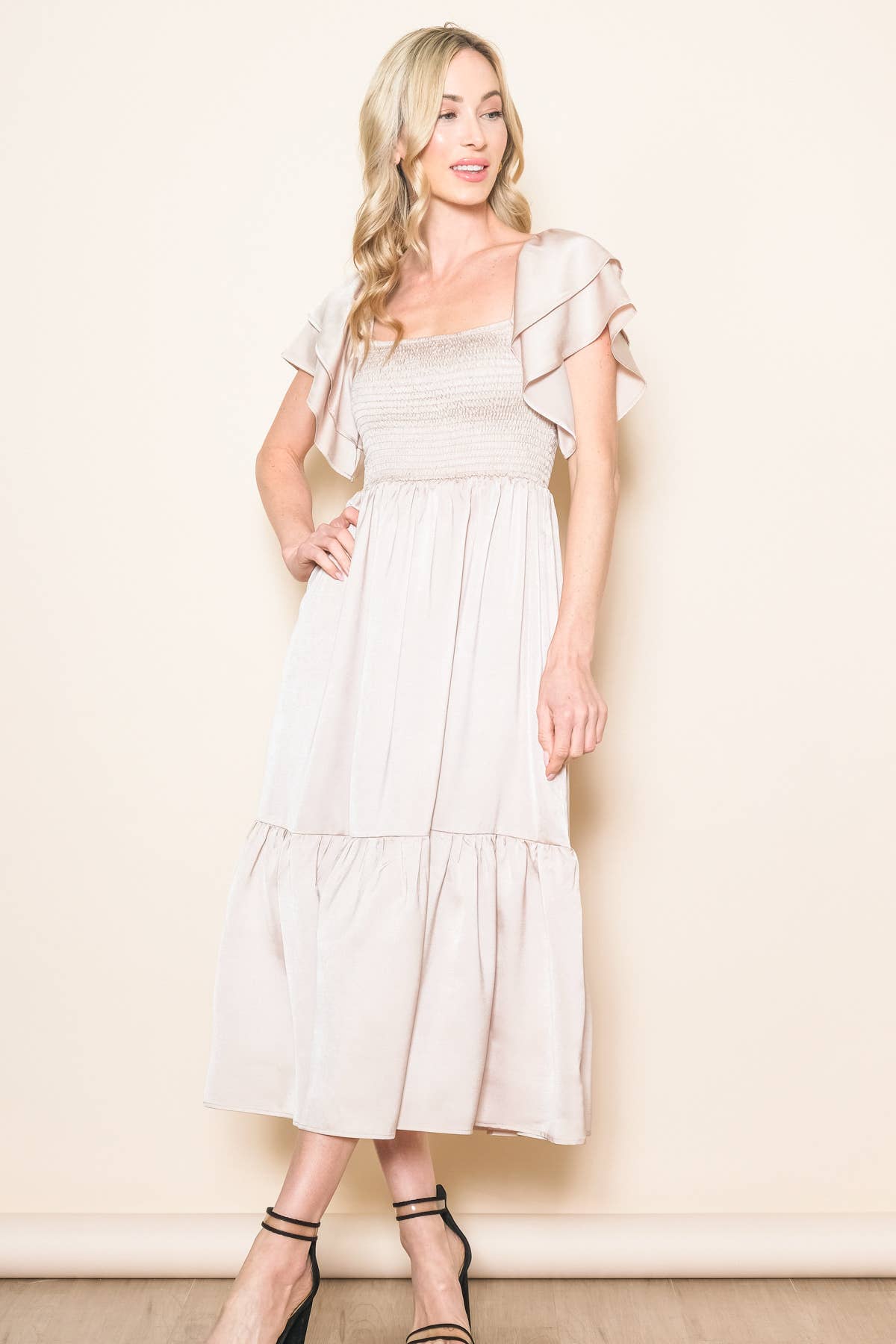 Satin Flowy Flutter Sleeve Smocked Dress in Champagne