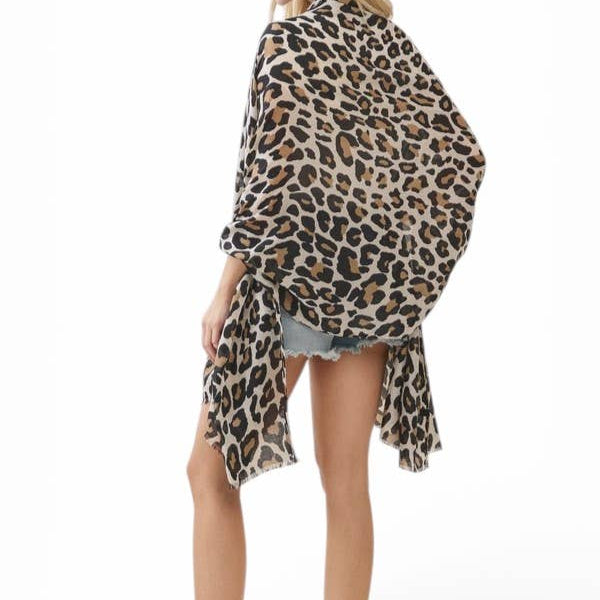 A woman modeling a leopard print kimono-style cover-up with a high-low hem, shown from the back against a plain white background.