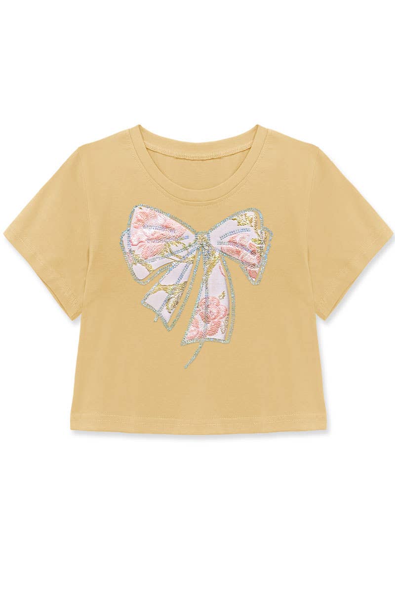 Girls Mocha Crop Tee w/ Bow Patch & Rhinestone