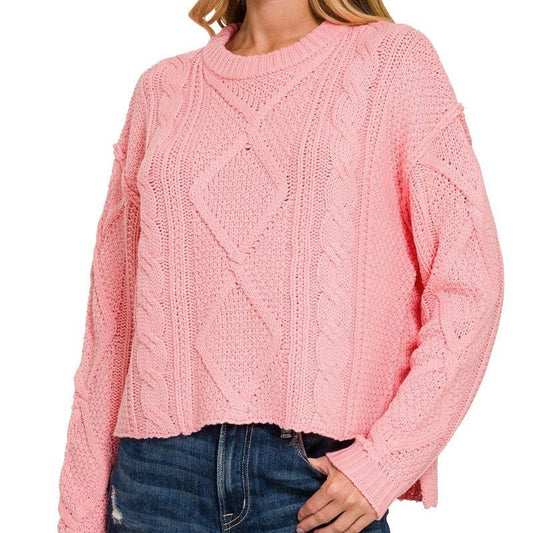 Cable Knit Cutie Sweater in Dk Pink - Colbert Clothing