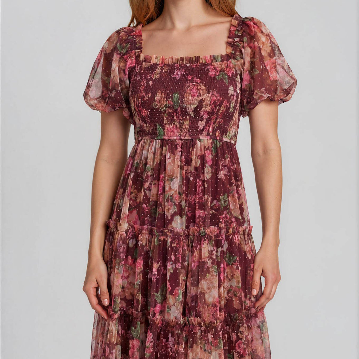 Floral Tulle Puff Sleeve Midi Dress in Burgundy 2880