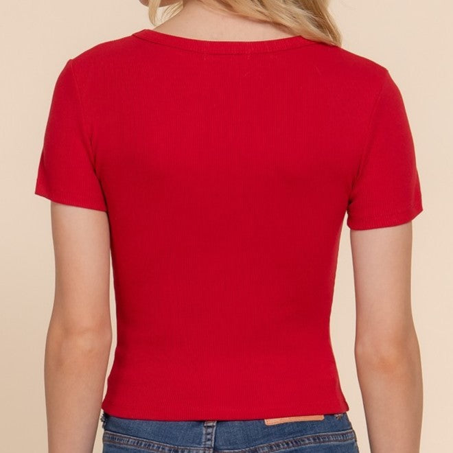 Classic Crop Ribbed V-Neck Tee in Red