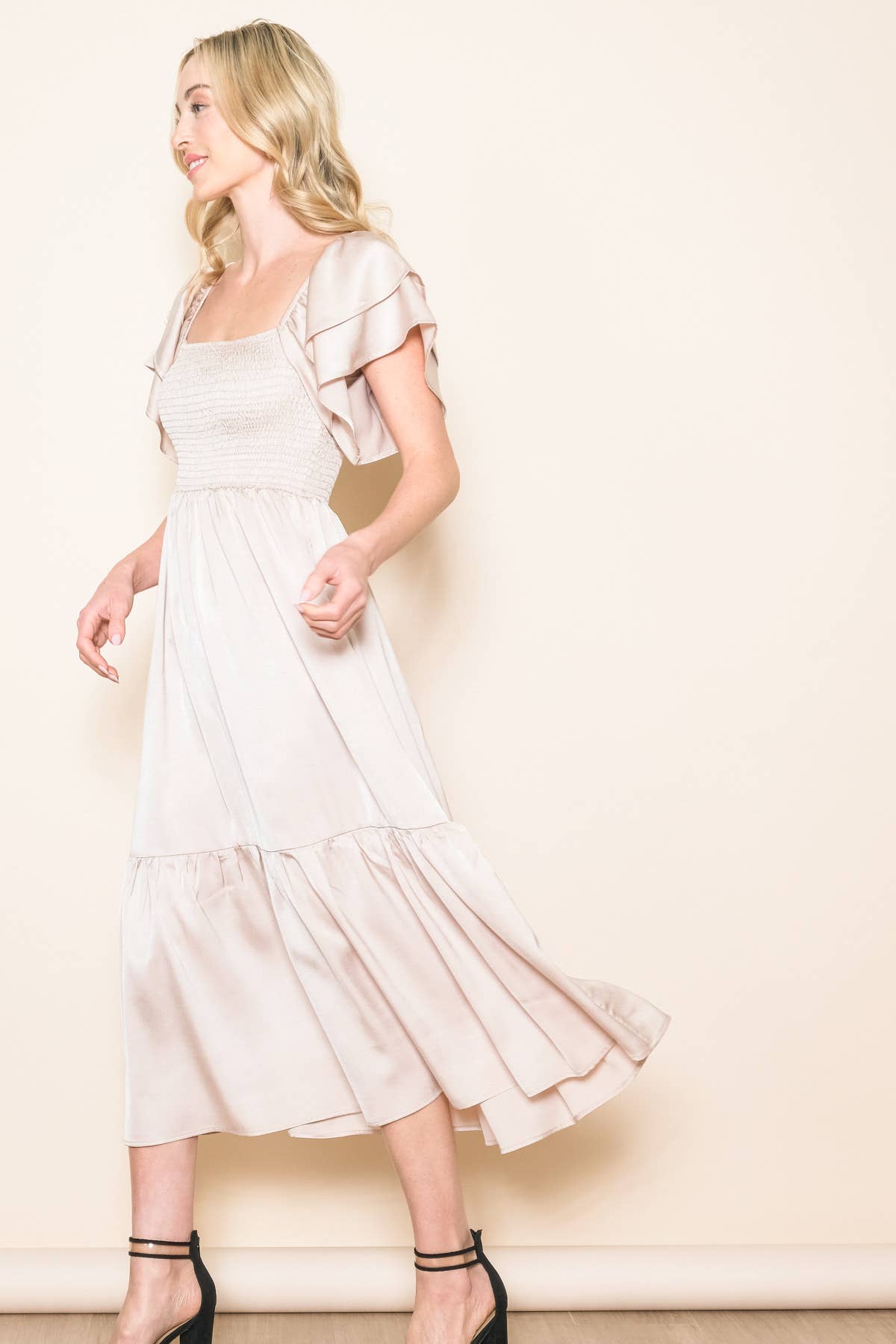 Satin Flowy Flutter Sleeve Smocked Dress in Champagne