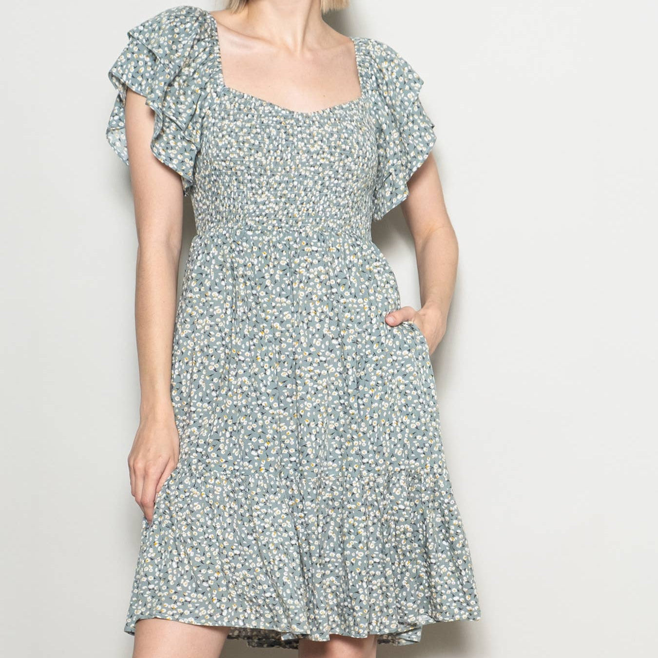 Flutter Sleeve Sweetheart Neckline Vintage Floral Dress in Sage
