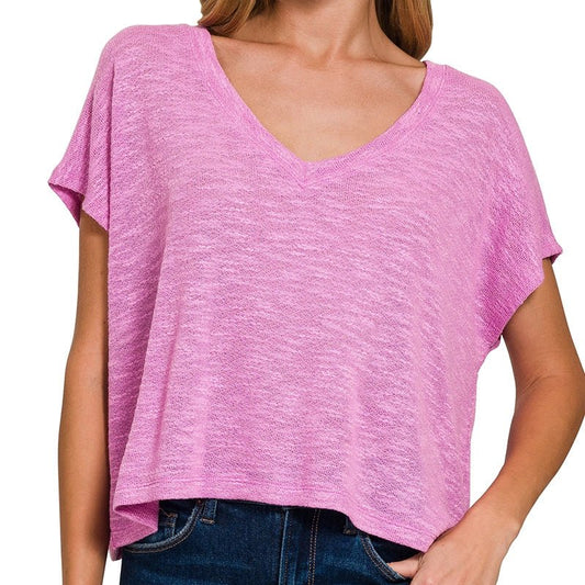 Drop Shoulder Hacci Crop Top in Bright Mauve - Colbert Clothing
