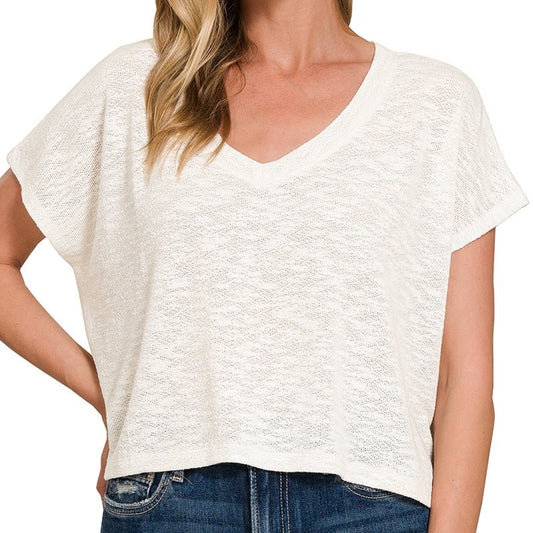 Drop Shoulder Hacci Crop Top in Ivory - Colbert Clothing