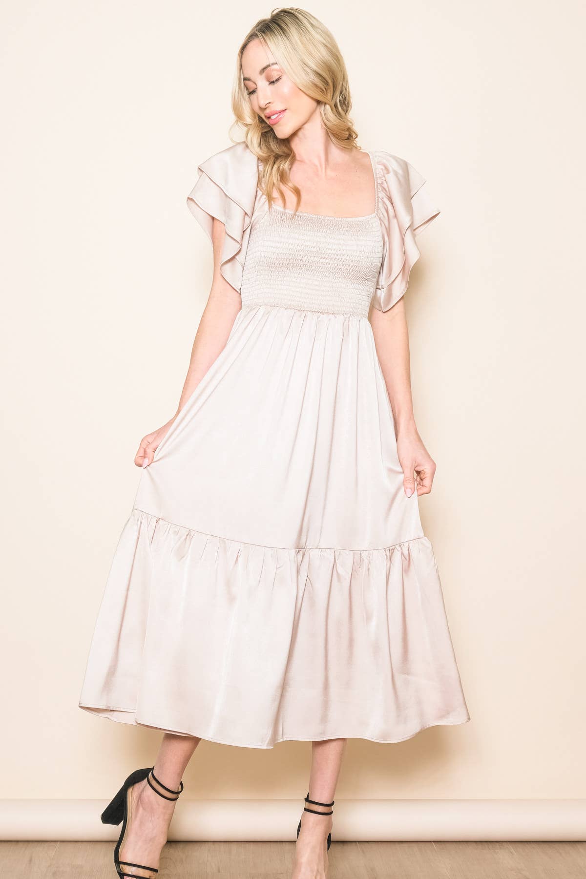 Satin Flowy Flutter Sleeve Smocked Dress in Champagne