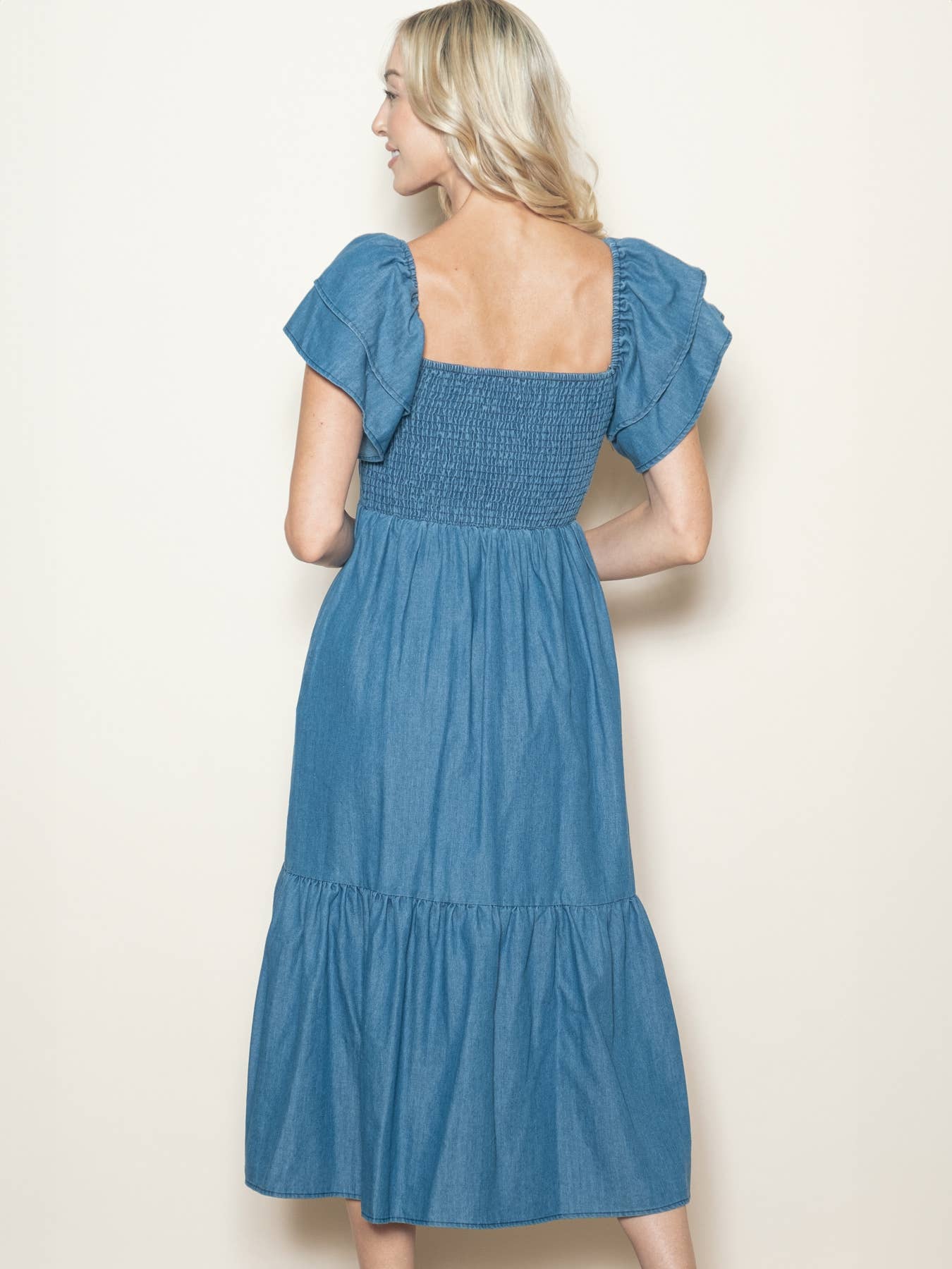 Vintage Wash Chambray Denim Flutter Sleeve Dress w Pockets