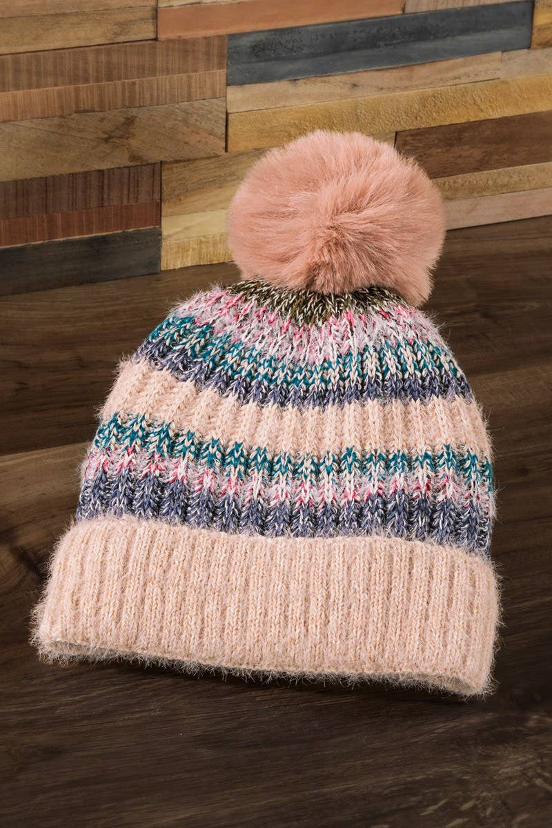 Pink Metallic Striped Pompom Beanie Stocking Cap