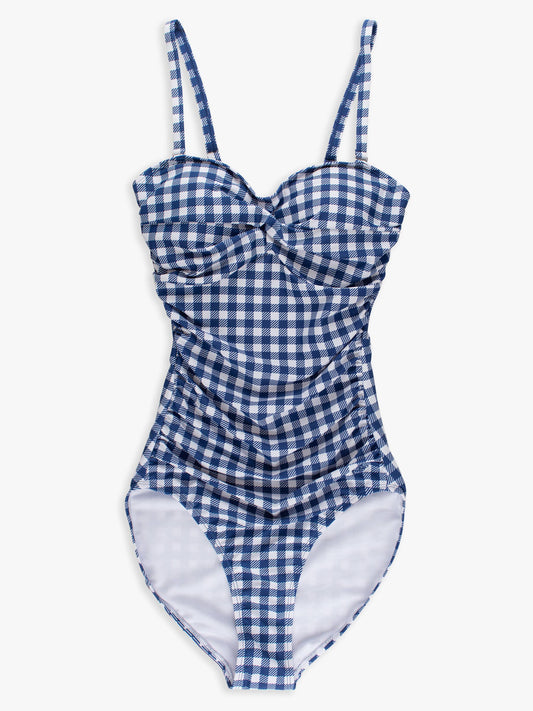 Navy Gingham Convertible Bandeau One Piece Swimsuit