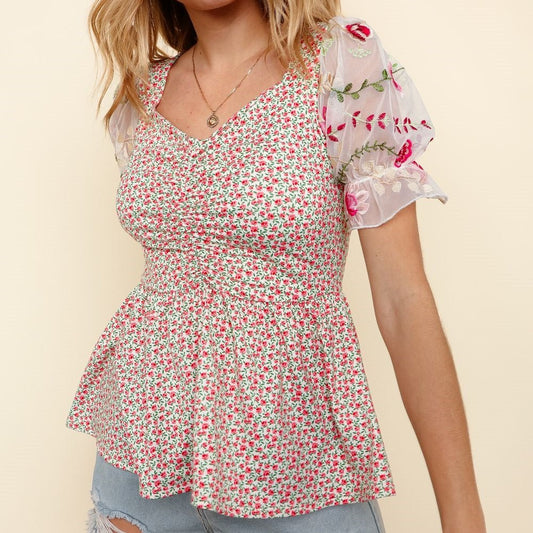 Floral Embroidered Mesh Sleeve Knit Top - Colbert Clothing