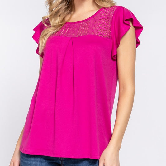 Ruffle Short Sleeve Top with Lace Insert in Magenta