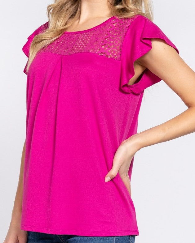 Ruffle Short Sleeve Top with Lace Insert in Magenta
