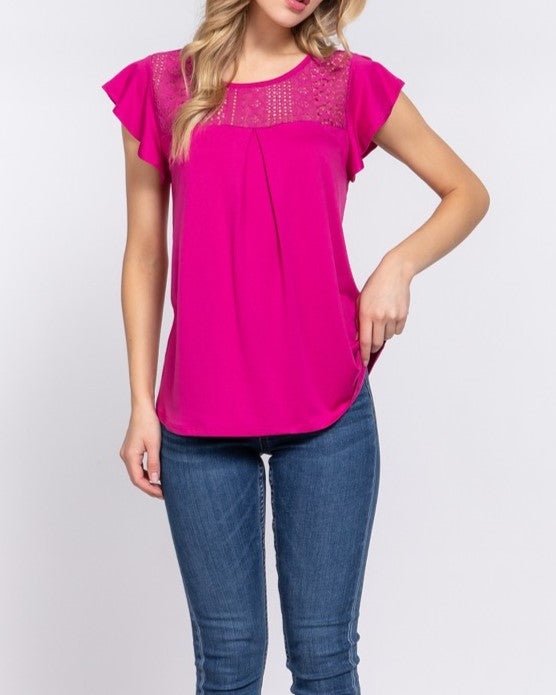 Ruffle Short Sleeve Top with Lace Insert in Magenta