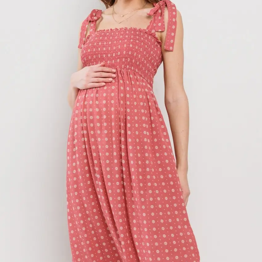 Daisy Print Smocking Dress in Marsala MATERNITY