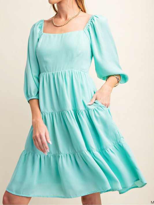 Feelin' Fresh Mint Dress with Puffed Sleeves and Tiered Skirt