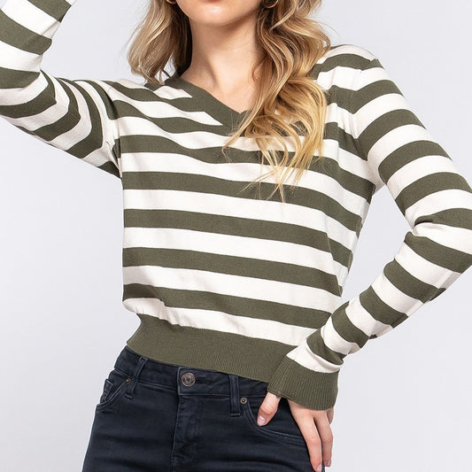 Nauti Girl Striped Top in Olive / Cream