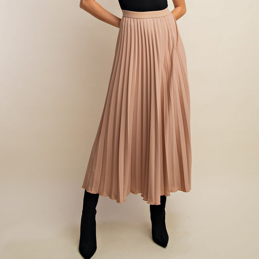 Tea Length Pleated Long Skirt in Tan