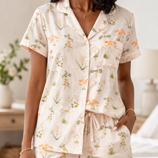Woman wearing a floral pajama set in a bedroom setting