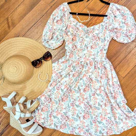 Spring Hues Puff Sleeve Floral Midi Dress - Colbert Clothing