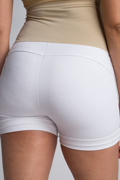 White Maternity Ponte Shorts - Up Close Back View