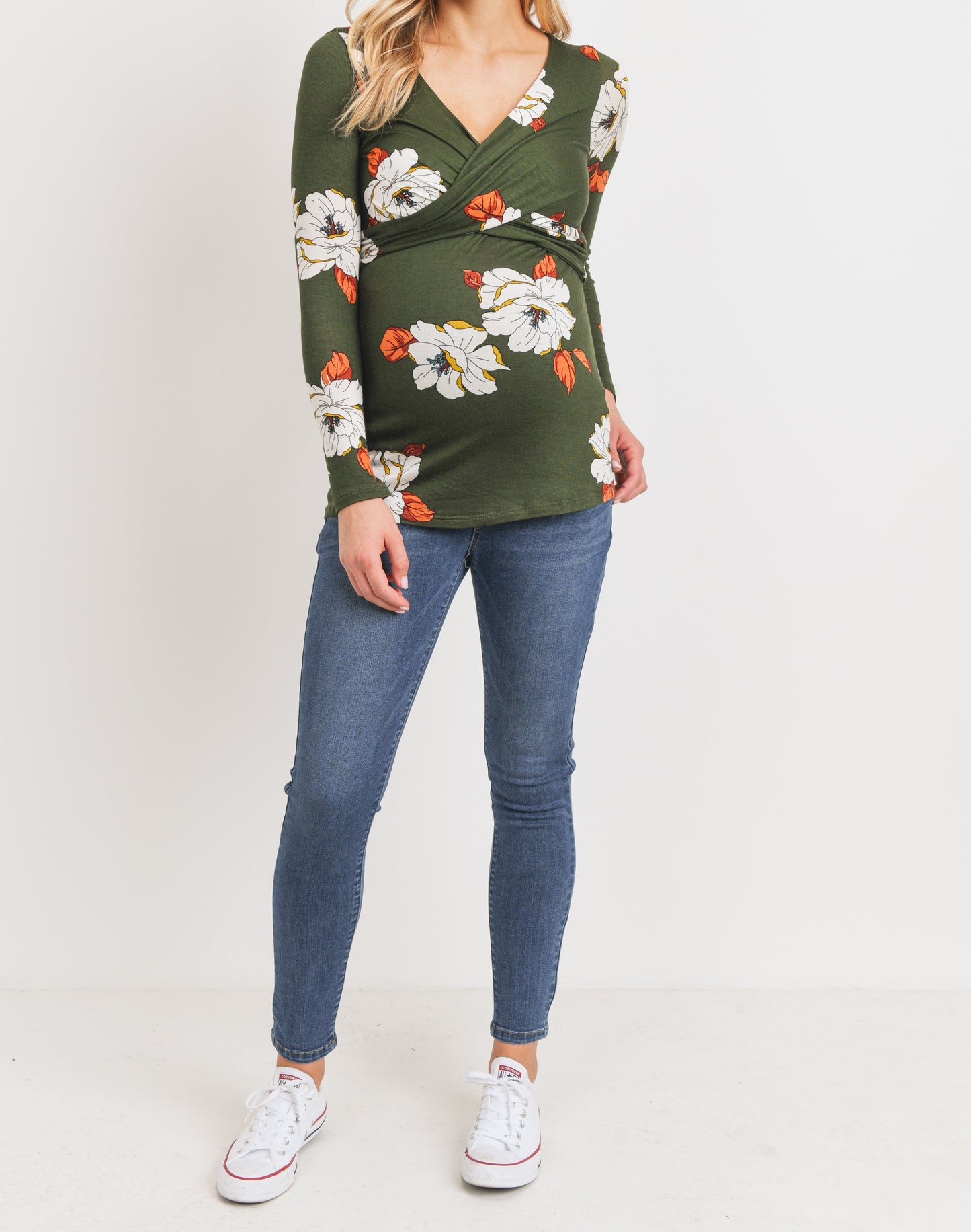 Green Floral maternity wrap top