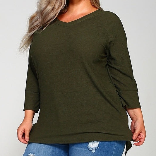 Time After Time V Neck Sweater in Olive PLUS