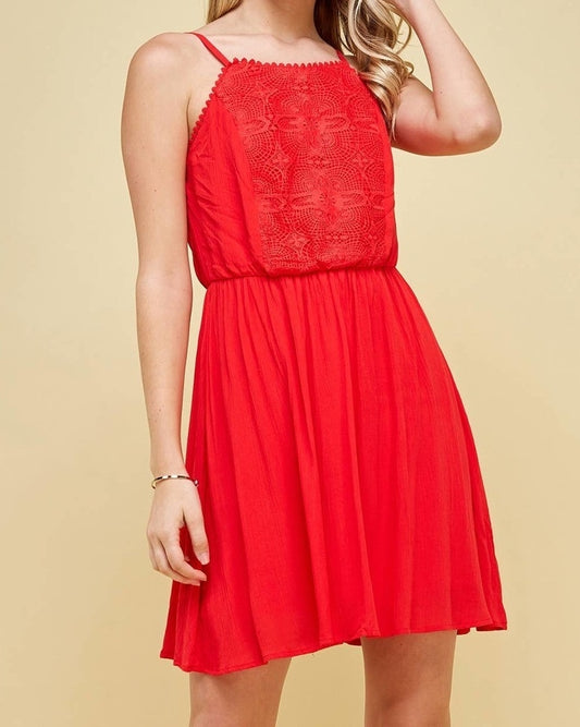 Red Strappy Dress with Lace Bodice