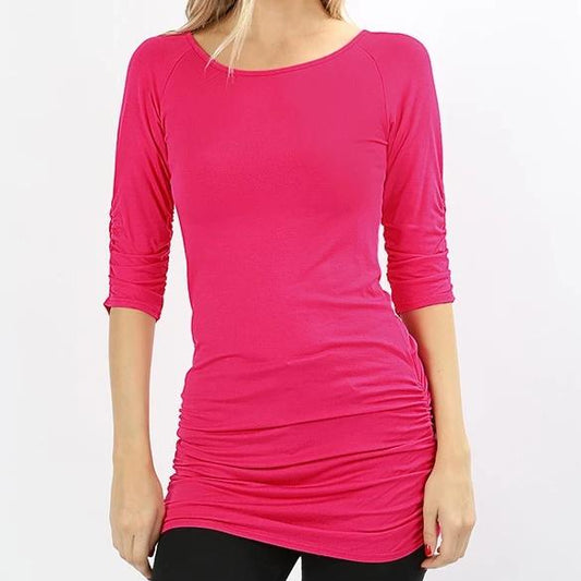 Shirred Tunic Top in Bright Pink