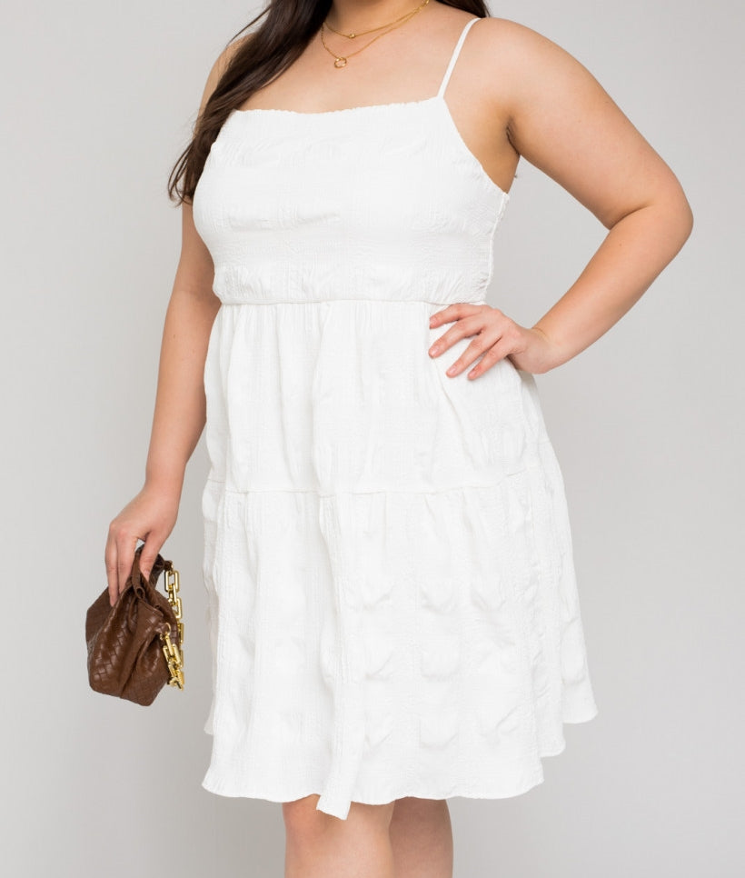 Back Smocking Dress PLUS - White Textured Fabric Dress