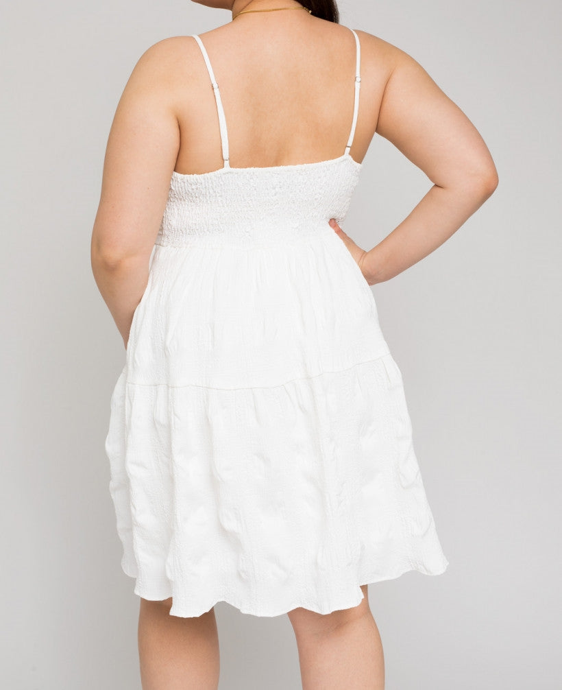 Back Smocking Dress PLUS - White Textured Fabric Dress