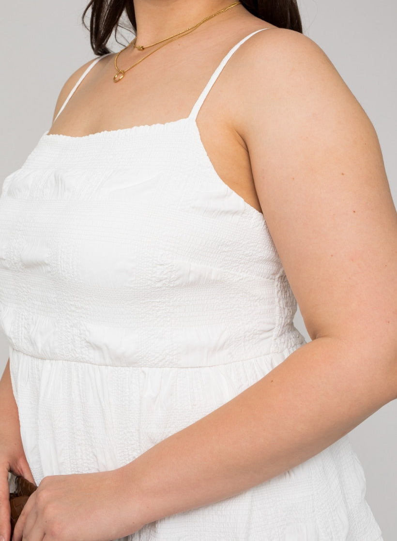 Back Smocking Dress PLUS - White Textured Fabric Dress