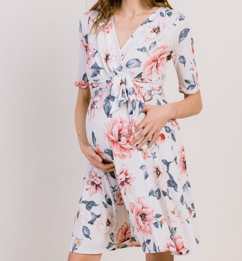 Be My Baby Floral Surplice Dress in Off White MATERNITY