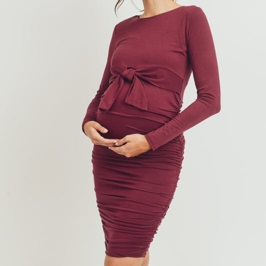 Maternity Shirred Dress - Welcome to the World in Burgundy