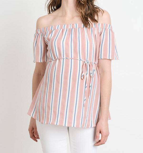 Off The Shoulder Maternity Shirt - Somebody Loves You Striped Top