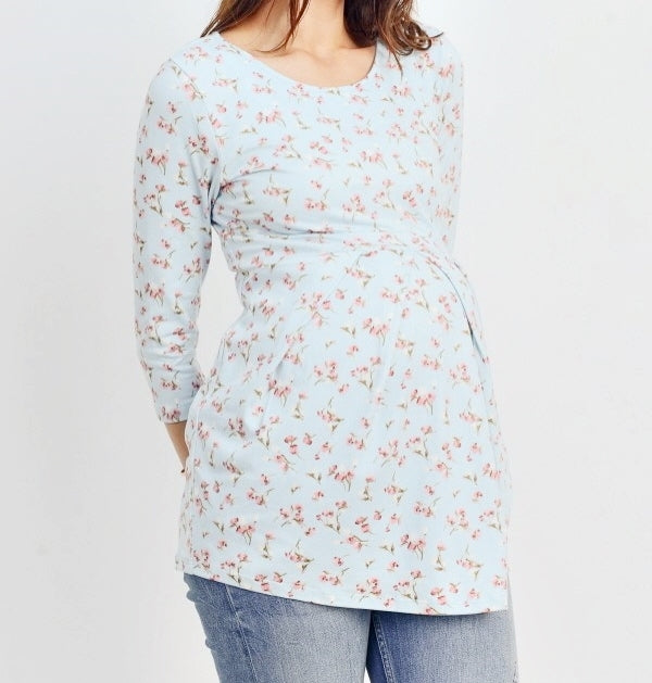 Maternity Floral Pleated Top - Close Up of front