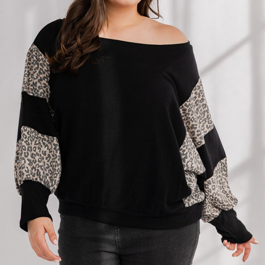 Contrast Animal Print Top PLUS - Opposites Attract Boat Neck Top